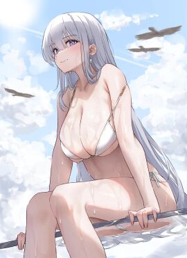 2d artist_request azur_lane bare_arms bare_shoulders bikini bird blue_sky blush breasts cg classic_(zildjian33) cleavage closed_mouth cloud collarbone day earrings enterprise_(azur_lane) enterprise_(bathing_under_sunny_skies)_(azur_lane) feet_out_of_frame female grey_hair jewelry large_breasts long_hair looking_at_viewer mole mole_under_eye outdoors purple_eyes side-tie_bikini_bottom sitting sky smile solo strap_slip string_bikini swimsuit thighs very_long_hair water wet white_bikini white_hair
