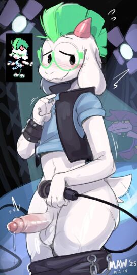 anthro biped blush bodily_fluids bottomless bovid caprine clothed clothing deltarune deltarune_chapter_3 duo erection eyebrows eyewear female femboy fingers flesh_fang floppy_ears foreskin fur genital_fluids genitals glasses goat hair hi_res horn humanoid_genitalia humanoid_penis male mammal mawmain penis precum punksei ralsei ralsei_with_white_fur scalie smile solo_focus susie_(deltarune) tail topwear uncircumcised undertale_(series) white_body white_fur white_tail