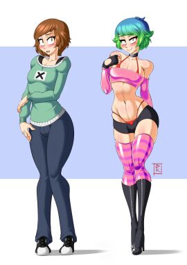 1boy androgynous before_and_after biting_lip blue_hair blunt_katana brown_hair choker femboy gloves green_hair heel_boots hi_res leggy_(legarch) male male_only short_hair simple_background solo source_request stockings striped_legwear tagme two-tone_hair