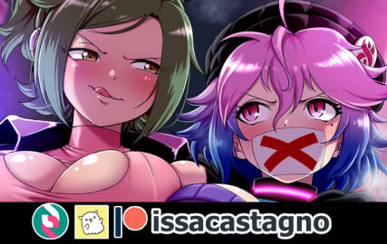 2girls castagno female gag glaring gradient_hair green_hair issa_castagno_(character) leuedai_(magnolia-baillon) mole_under_eye muffled original short_hair steam tongue tongue_out