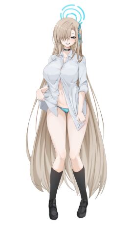1girls asuna_(blue_archive) big_breasts blonde_hair blue_archive blue_eyes blue_panties breasts cleavage female female_focus female_only hair_over_one_eye huge_breasts large_breasts long_hair panties solo vanko white_background