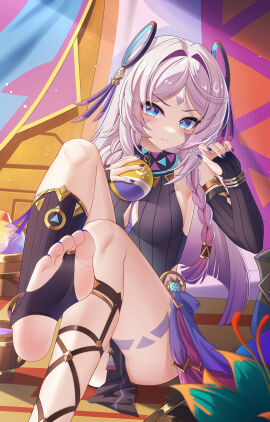 1girls absurd_res ball_(object) bare_shoulders black_clothing black_leotard blue_eyes blush body_markings bracelet braid braided_hair breasts citlali_(genshin_impact) closed_mouth clothing collar detached_sleeves face_markings fanbox_reward feet female female_only fingerless_arm_sleeves fit fit_female forehead_mark genshin_impact hair_ornament high_resolution highres holding_ball holding_object hoyoverse jewelry jndfh leotard light-skinned_female light_skin long_hair long_sleeves looking_at_viewer nail_polish paid_reward_available pink_hair purple_nails sitting slim_waist small_breasts sole_female soles solo stirrup_legwear thigh_markings thighs toes twin_braids vision_(genshin_impact)