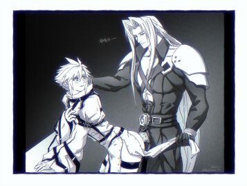 2boys akinahanami1015 alternate_costume anal arm_belt black_gloves blush bodysuit bound bound_arms bound_legs closed_eyes cloud_strife coat dark_persona erection final_fantasy final_fantasy_vii gloves greyscale highres holding long_hair long_sleeves looking_back male male_focus male_penetrated monochrome multiple_boys multiple_males penis sephiroth sex sex_from_behind short_hair slit_pupils smile spiked_hair straitjacket uncensored white_bodysuit yaoi