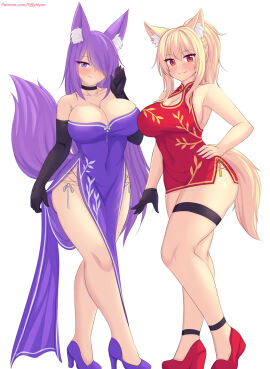 2girls black_gloves blonde-haired_female blonde_female blonde_hair breasts cat_ears cat_girl catgirl cheongsam cleavage collaboration female fox_ears fox_girl foxykuro friends gloves high_heels kitsune kuro_(foxykuro) original patreon patreon_username pixiv ponytail purple-haired_female purple_eyes purple_hair qipao simple_background tagme tail tiffy tiffynyaa voluptuous voluptuous_female white_background