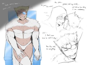 2boys baimonbluewhale blonde_hair blush chest_hair corset cosplay cross-laced_clothes deadpool elbow_gloves emma_frost_(cosplay) english_text eyepatch facial_hair fur_cape gay hairy hood_up leg_hair male male_only marvel marvel_comics mask_lift patch_(wolverine) revealing_clothes sitting smile thigh_boots white_boots wolverine_(x-men) x-men yaoi