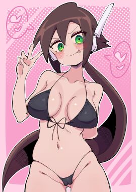 1girls aile bikini black_bikini black_bra black_g-string blush brown_hair buzzlyears female green_eyes hand_behind_back hand_up long_hair mega_man mega_man_zx ponytail pussy tongue tongue_out two_fingers_up