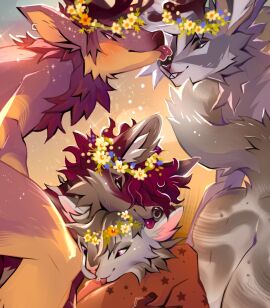 2024 ambiguous_gender anthro bodily_fluids brown_nose buckteeth cheek_tuft chruscik_(nudelinooo) countershading deer detailed_background digital_media_(artwork) duo facial_tuft fivesome flower flower_crown fur genital_fluids genitals grass grey_body grey_fur group half-closed_eyes hi_res humanoid_genitalia humanoid_penis lagomorph leporid licking licking_another light lighting male male/ambiguous mammal narrowed_eyes nudelinooo oral original_characters penile penis penis_lick pink_eyes pink_nose plant precum purple_body purple_fur rabbit sex sky smile teeth tongue tongue_out tuft yellow_body yellow_countershading yellow_fur