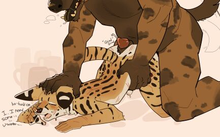all_fours animal_genitalia animal_penis anthro breath canine_genitalia canine_penis drunk duo english_text felid feline genitals gnoll grinding hi_res humanoid_genitalia humanoid_penis hyena imminent_sex male male/male mammal onomatopoeia open_mouth penis pinned questionable_consent serval servali_sketch sheath simple_background size_difference slightly_chubby sound_effects substance_intoxication tail tail_motion tailwag text wounded