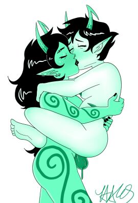 1futa 1girls alien big_ears black-haired_female black_hair body_markings colored_skin female futa_on_female futanari grey_skin haksdrawsthings homestuck homestuck_troll horn horns incest intersex kanaya_maryam kissing long-haired_female long_ears long_hair mother_and_daughter nude porrim_maryam tattoo tattoos troll
