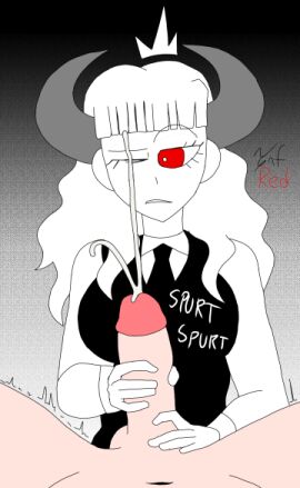 1boy 1girls cum_on_eye ejaculation female flinch fully_clothed_female handjob horns light-skinned_male light_skin long_hair male nude nude_male oc one_eye_closed red_eyes text white-skinned_female white_hair white_skin