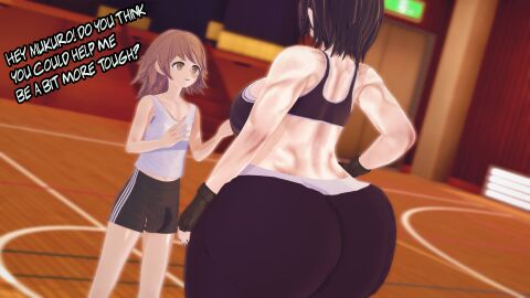 1boy 1girls 3d ass back big_ass black_hair brown_eyes brown_hair clothing danganronpa danganronpa:_trigger_happy_havoc female femboy femboy_on_female fenrirsjaw fingerless_gloves fujisaki_chihiro gym gymnasium large_ass male mukuro_ikusaba size_difference tomboy venus_body voluptuous