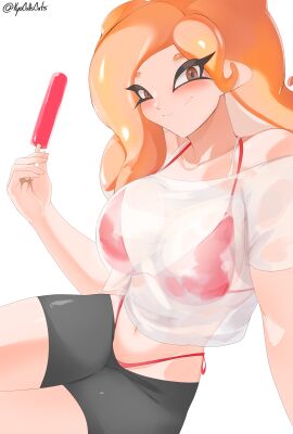 arya_(kyocallscats) bra breasts female kyocallscats large_breasts looking_at_viewer milkytwinkers nintendo octoling octoling_girl octoling_rival orange_hair popsicle splatoon splatoon_(series) splatoon_3 summer tentacle_hair wet_shirt