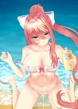 1girls 5_fingers bare_shoulders beach blush bow breasts cameltoe cleavage crunnix doki_doki_literature_club female female_focus green_eyes long_hair monika_(doki_doki_literature_club) navel nip_slip nipple_slip peeing piss pissing pussy sand see-through see-through_clothing see-through_swimsuit solo_female solo_focus sunscreen urine water watersports wet_clothes wet_clothing white_bow