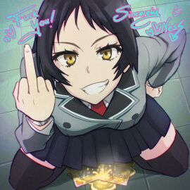 2d black_thighhighs breasts busty creative_nonviolence creative_protest credit_card defiance defiant female female_focus female_only hourglass_figure kajou_ayame lewd_nessie mastercard middle_finger peeing protest rebellion rebellious school_uniform schoolgirl shimoneta_to_iu_gainen_ga_sonzai_shinai_taikutsu_na_sekai skirt squatting symbolic tagme thighhighs urination urine visa wide_hips