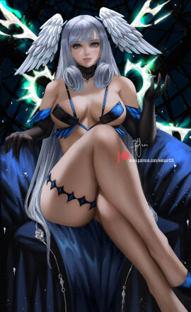 1girls big_breasts bikini black_bikini black_swimsuit blue_eyes breasts choker elbow_gloves female gloves grey_hair head_wings high_entia high_heels large_breasts legs_crossed long_hair looking_at_viewer melia_antiqua nintendo sitting swimsuit throne weisart xenoblade_(series) xenoblade_chronicles xenoblade_chronicles_3