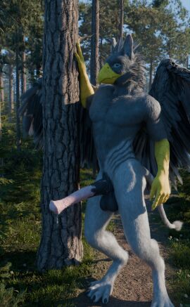 1boy 3d 4_toes animal_genitalia animal_penis anthro athletic avian balls beak blender_(artwork) blender_cycles bodily_fluids claws detailed_background digital_media_(artwork) dripping equine_genitalia equine_penis feathers feet forest fur genital_fluids genitals gryphon hi_res kvaseus looking_at_viewer male male_only mythological_avian mythological_creature mythology outside paws penis plant precum precum_drip scales smile solo sotoco_(kowalinczi) spiked_penis spikes spikes_(anatomy) standing tail toes tree wings yellow_body yellow_scales