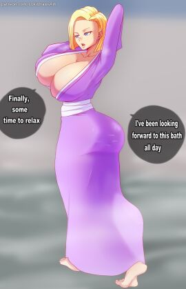 1girls alternate_ass_size alternate_breast_size android_18 anime ass barefoot bathrobe big_ass big_breasts big_butt blue_eyes breasts cyborg cyborg_girl dragon_ball dragon_ball_z english english_text female female_focus female_only light-skinned_female light_skin lokidrawsart manga mature_female milf robe solo solo_female solo_focus walking