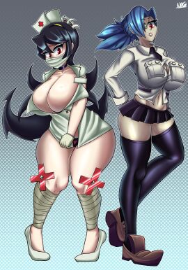 2girls big_breasts black_hair black_panties black_skirt black_thighhighs blue_hair breasts cleavage cosplay eyewear facemask female female_only filia_(skullgirls) filia_(skullgirls)_(cosplay) footwear full_body hat headwear huge_breasts legwear long_hair multiple_females multiple_girls necktie neckwear nrgxer nurse nurse_cap nurse_clothing nurse_hat nurse_outfit nurse_uniform one_eye_obstructed outfit_swap panties red_eyes short_skirt skirt skullgirls thighhighs thighs valentine_(skullgirls) valentine_(skullgirls)_(cosplay)