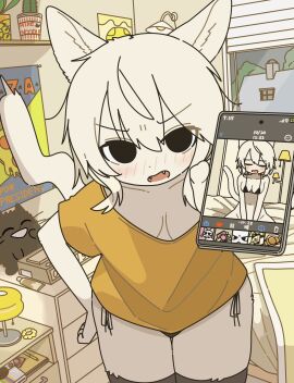 1girls angry angry_face blush cat_ears cat_girl cat_tail catgirl cleavage digital_drawing doremifaso64 female furry looking_at_viewer no_bra panties phone phone_camera phone_screen thighhighs thighs