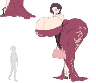 1boy 1girls age_difference ass bag bare_shoulders belt bending_forward bending_over bent_over black_belt black_choker black_footwear black_gloves black_shoes breasts breasts_bigger_than_head brown_eyes brown_hair bursting_breasts choker cleavage closed_mouth clothed collarbone dark_brown_eyes dark_brown_hair dark_eyes dark_hair dress elbow_gloves enormous_ass enormous_breasts female full_body giantess gigantic_ass gigantic_breasts gigantic_hips gigantic_thighs gloves handbag height_difference high_heels holding holding_bag holding_handbag holding_object hourglass_figure huge_breasts human hyper hyper_ass hyper_breasts larger_female light_smile long_dress long_legs looking_at_another male medium_hair narrow_waist original original_character pink_bag pink_handbag red_dress shoes shorter_male simple_background size_difference sketch sleeveless sleeveless_dress smaller_male smile standing strapless strapless_dress tall tall_female taller_female thick_thighs white_background wide_hips yonly7