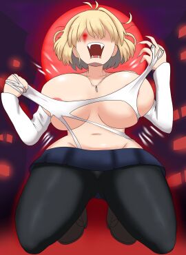 ahoge alternate_breast_size angry arcueid_brunestud areolae background big_breasts black_leggings blonde_hair blue_skirt boots breasts breasts_bigger_than_head city color fangs female huge_boobs huge_breasts imstupid13 large_boobs large_breasts large_tits leggings low-angle_view mad melty_blood meme meme_reference necklace nipple_slip nipples nipples_visible_through_clothing red_eyes sharp_claws sharp_teeth short_hair skirt sweater tearing_clothes tearing_clothing top_heavy torn_clothes torn_clothing tsukihime vampire vampire_girl