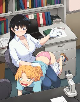 2girls absurdres age_difference arato_nagi ass black_hair blonde_hair blue_shirt blush book bookshelf breasts chair cleavage clothes_pull collarbone collared_shirt commission commissioner_upload computer denim desk earrings embarrassed femdom floral_print gloves green_eyes hand_up highres humiliation imminent_spanking indoors jeans jewelry jk_arts laptop large_breasts long_hair marker median_furrow medium_hair microscope multiple_girls non-web_source office_chair open_book open_mouth over_the_knee panties pants pen petite pink_panties pleated_skirt punishment purple_eyes ruri_no_houseki sandals shirt short_sleeves signature sitting skirt skirt_pull sleeves_rolled_up surprised swivel_chair table tanigawa_ruri underwear variant_set white_gloves white_shirt white_skirt yuri