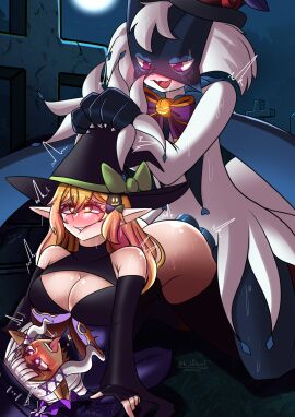 2_penises absurd_res anthro blush bodily_fluids breasts clothed clothed_sex clothing digital_media_(artwork) double_penetration dress elf fan_character female female_penetrated generation_9_pokemon genitals glace_(cris79x) group group_sex hair halloween hat headgear headwear hi_imchief hi_res holidays humanoid interspecies looking_pleasured male male/female meowscarada moon multi_genitalia multi_penis night nintendo open_mouth outside penetration penis pointy_ears pokemon pokemon_(species) pokephilia sex smile threesome tombstone trio vaginal_penetration witch_hat