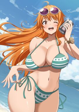 1girls bangle bare_shoulders beach bikini birthday blue_sky blush bracelet breasts can cleavage cloud cloudy_sky collarbone commentary_request cowboy_shot eyewear_on_head female glint green_bikini groin halterneck highres holding holding_can holding_object jewelry kojirou! large_breasts log_pose long_hair looking_at_viewer mountainous_horizon nami_(one_piece) navel ocean one_eye_closed one_piece open_mouth orange_eyes orange_hair outdoors purple-tinted_eyewear side-tie_bikini_bottom sky solo stomach string_bikini string_pull sunglasses swimsuit thighs tinted_eyewear