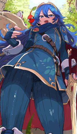 2024 2d 2d_(artwork) absurdres belt belt_buckle blue_cape blue_eyes blue_gloves blue_hair blue_pikmin blush brand_of_the_exalt breasts brown_belt buckle bulborb cape character_name creature creature_on_shoulder crossover falchion_(fire_emblem) female female_focus fingerless_gloves fire_emblem fire_emblem_awakening from_below gloves highres holding human human_female ishijimajirou jpeg leather_belt long_hair looking_at_viewer lucina_(fire_emblem) nintendo on_shoulder open_mouth outdoors pikmin pikmin_(creature) pikmin_(series) pikmin_(species) purple_pikmin red_cape red_pikmin ribbed_pants ribbed_sleeves sfw small_breasts smile super_smash_bros. sweat sweatdrop sword thighs tiara tree two-tone_cape weapon wrist_cuffs yellow_pikmin
