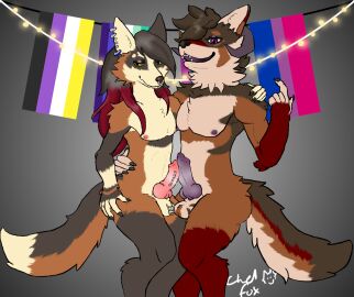 anthro ass ass_grab balls bisexual_pride_colors butt_grab calico_fox canid canine canis chelfox chelfoxart claws coyote cross_fox duo ear_piercing ear_ring facial_piercing fox frenum_ladder frenum_piercing frottage furry genital_piercing genitals hair hand_on_ass hand_on_butt hi_res ladder_piercing leg_grab lgbt_pride lip_piercing lip_ring male male/male mammal nipple_piercing nipples nipples_touching nonbinary_pride_colors nose_piercing nose_ring penile penis penis_piercing piercing pride_colors purple_eyes red_fox ring_piercing scrotum scrotum_piercing sex skorvold thigh_grab true_fox vincian_pride_colors yellow_eyes
