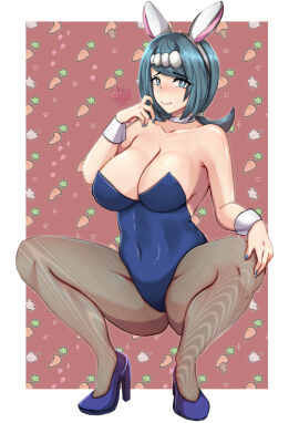 1girls big_breasts blue_bunnysuit blue_eyes blue_hair blue_nail_polish blue_nails blush breasts bunny_ears bunnysuit cleavage fake_animal_ears female female_only footwear game_freak hair headwear heels high_heels huge_breasts lana's_mother_(pokemon) leggings legs lips mature mature_female milf mother nail_polish nails pokemon pokemon_sm rinku_bny short_hair solo solo_female squatting thick_thighs thighs