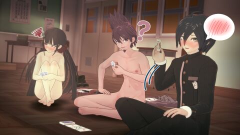 3d casual_nudity clothed_male_nude_female clothed_male_nude_male completely_nude convenient_censoring covering danganronpa danganronpa_v3 doubledigit64 embarrassed_nude_female enf female harukawa_maki koikatsu male momota_kaito nude nude_female nude_male saihara_shuuichi strip_poker