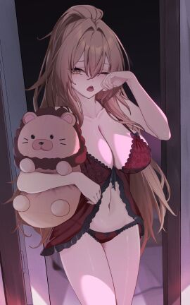 azur_lane babydoll bare_shoulders breasts brown_eyes brown_hair cg cleavage collarbone doorway female hair_between_eyes holding large_breasts lingerie lion_(azur_lane) long_hair looking_at_viewer navel nightgown one_eye_closed open_mouth panties ponytail red_panties rubbing_eyes solo standing stuffed_animal stuffed_toy thighs underwear very_long_hair