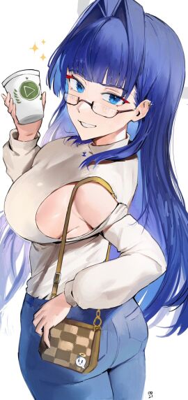 1girls ass bag bespectacled blue_eyes blue_hair blue_pants blunt_bangs blush boros_(ouro_kronii) breasts clothing_cutout coffee_cup cowboy_shot cup denim disposable_cup ear_piercing female female_only from_side glasses glint grin hair_intakes handbag hololive hololive_english hololive_english_-council- hololive_english_-promise- jeans large_breasts long_hair long_sleeves looking_at_viewer looking_back looking_over_eyewear makeup mascara odyssey_21 official_alternate_costume ouro_kronii ouro_kronii_(casual) pants parted_lips piercing semi-rimless_eyewear shirt shirt_tucked_in shoulder_cutout sideboob signature simple_background slit_pupils smile solo sparkle standing turtleneck twisted_torso virtual_youtuber white_background white_shirt