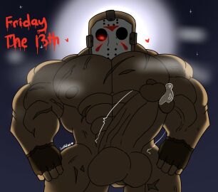 abs bara big_pecs big_pectorals big_penis blush_lines friday_the_13th front_view hearts_around_head jason_voorhees looking_at_viewer lustfulsai male male_only masked masked_male masked_men masked_only muscular muscular_male penis precum precum_on_penis tagme tagme_(artist) yaoi