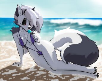 absurd_res anthro arm_tuft armpit_hair barbell_piercing beach black_nails black_nose body_hair breasts camel_toe canid canid_demon canine canis cheek_tuft chest_tuft claws clothing colored_nails demon domestic_dog eating eyebrow_piercing eyebrows eyelashes facial_piercing facial_tuft feet female food fur genital_outline grey_body grey_fur grey_hair hair half_dime hellaverse hellhound helluva_boss hi_res hindpaw humanoid_hands husky hybrid inner_ear_fluff looking_at_viewer loona_(helluva_boss) lying mammal mythological_canine mythological_creature mythology nails narrowed_eyes navel nipple_barbell nipple_outline nipple_piercing nipples nordic_sled_dog notched_ear on_ground on_side one-piece_swimsuit paws piercing pinup pointy_ears popsicle popsicle_in_mouth pose pube_peek pubes red_eyes sea shoulder_tuft sling_bikini solo spitz swimwear tail thick_thighs toe_claws tuft vulva_outline water wet wet_body white_body white_fur wide_hips wolf