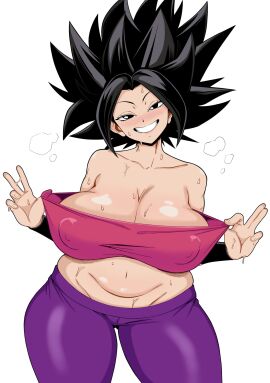 1girls ass big_breasts black_hair blush breasts bunkwizard caulifla chubby_female cleavage color color_edit colorized dragon_ball dragon_ball_super female female_only gonzalo_costa large_ass large_breasts looking_at_viewer looking_back navel nipple_bulge peace_sign presenting pulling_shirt slightly_chubby solo solo_female solo_focus sweat sweatdrop thick_thighs thighs tubetop wide_hips