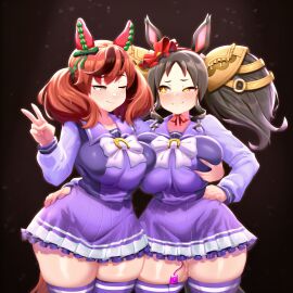 2girls ai_generated blush groping groping_breasts hand_on_hip huge_breasts marvelous_sunday_(umamusume) mixxie nice_nature_(umamusume) peace_sign pussy_juice serafuku tagme thick_thighs umamusume umamusume_pretty_derby uneven_eyes vibrator vibrator_under_clothes wide_hips yuri