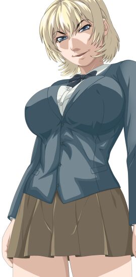 bible_black blonde_hair breasts brown_skirt curvy female jody_crowley large_breasts nipples shin_bible_black short_hair smile solo white_shirt