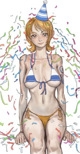 1girls 5_fingers bikini blonde_hair breasts cameltoe cleavage collarbone confetti female female_only looking_at_viewer medium_breasts mossa nami_(classic) nami_(one_piece) one_piece party_hat pre-timeskip pussy short_hair sitting smile solo solo_female white_background