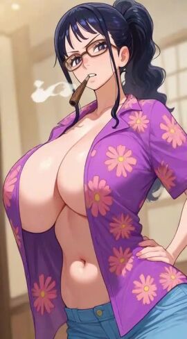 1girls ai_generated animated black_hair body_swap cigar glasses huge_breasts jeans kosine1777 no_bra one_piece open_shirt pants rule_63 shirt smoker_(one_piece) smoking tagme tashigi video