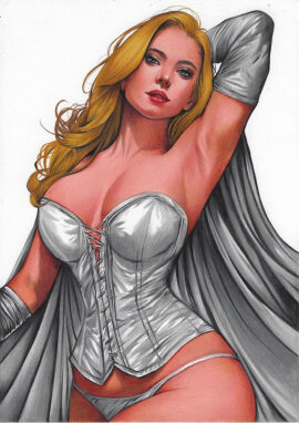 arm_behind_head armpits big_breasts blonde_hair blue_eyes breasts cape cleavage corset emma_frost female hellfire_club henrique_andrade looking_at_viewer marvel marvel_comics navel opera_gloves panties pinup thick_thighs thighhighs white_queen x-men