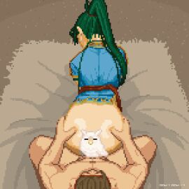 1boy 1girls abs all_fours animated ass ass_grab back_view bed bent_over captured captured_heroine censored defeated defeated_heroine doggy_style female fire_emblem fire_emblem:_the_blazing_blade from_above gif green_hair large_ass long_hair lyn_(fire_emblem) male muscular muscular_male nintendo on_bed periodot pixel_art ponytail pussy sex vaginal_penetration