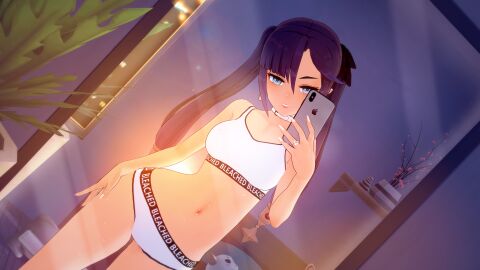 1girls 3d 3d_(artwork) 4k belt_choker bleached bleached_clothing blue_eyes breasts choker earring female female_only genshin_impact hair_ribbon hand_on_thigh heart_ring hongcha03 hoyoverse kksallyear koikatsu large_breasts light-skinned_female light_skin long_hair looking_at_mirror mihoyo mirror mirror_selfie mona_(genshin_impact) panties phone posing posing_for_picture posing_for_the_viewer purple_hair ring selfie selfie_pose slight_smile smiling sports_bra sportswear tagme taking_picture taking_selfie teeth teeth_showing twintails white_choker white_fingernails white_panties white_topwear