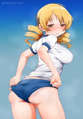 2021 ass_focus blush breasts buruma embarrassed female from_behind gym_uniform huge_ass large_breasts looking_back mahou_shoujo_madoka_magica panty_peek puella_magi_madoka_magica signature steam sweat sweaty thick_thighs tomoe_mami tugging wide_hips