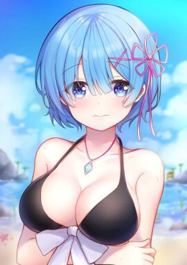 1girls bangs bikini blue_eyes blue_hair female female_only hair_ornament matching_hair/eyes re:zero_kara_hajimeru_isekai_seikatsu rem_(re:zero) short_hair x_hair_ornament