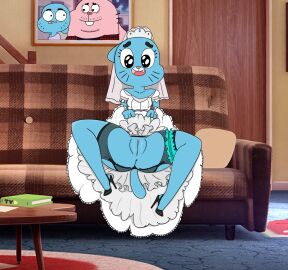 anthro anus ass bottomwear cartoon_network clitoris clothed clothing clothing_lift dress female footwear furniture furrycheetah_(artist) garter_belt garter_straps genitals hi_res high_heels mewpan nicole_watterson on_sofa one_tooth_visible open_mouth pussy skirt skirt_lift sofa solo tail the_amazing_world_of_gumball third-party_edit upskirt veil wedding_dress