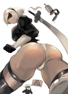 1boy 1girls ass da_h00t english_text female female_focus high_resolution looking_at_viewer male nier:_automata text thighhighs thighs very_high_resolution yorha_2b yorha_9s