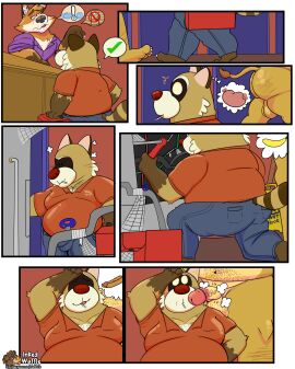 2024 anthro ass backsack balls ballsack bottomwear brown_body canid canine clothing comic felid fox genitals hi_res inked-waffle lion male male/male mammal musk overweight overweight_male pantherine pants penis plumber procyonid raccoon rascal_(robot_dreams) red_nose robot_dreams shirt topwear walking