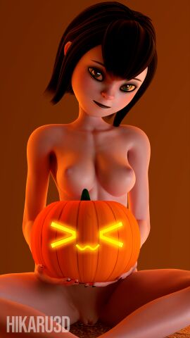 basketball black_hair breasts brown_eyes brown_hair female halloween mavis_dracula nipples nude orange_theme pubic_hair pumpkin pussy short_hair small_breasts smile solo